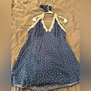 wild fable Navy Blue Halter Mini Dress with White Polka Dots and Cream Lace Trim
